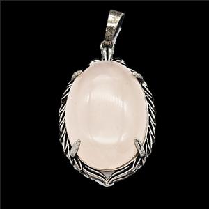 Pink Rose Quartz Alloy Oval Pendant Antique Silver, approx 20-30mm [GM25599]