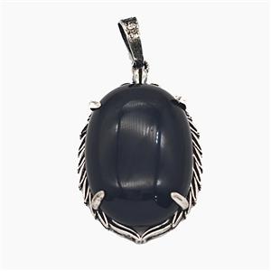 Black Obsidian Alloy Oval Pendant Antique Silver, approx 20-30mm [GM25602]
