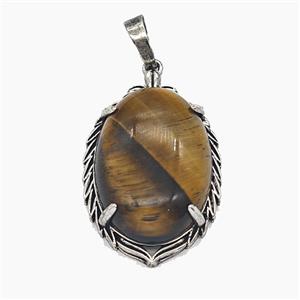 Tiger Eye Alloy Oval Pendant Antique Silver, approx 20-30mm [GM25605]