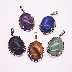 Natural Gemstone Alloy Oval Pendant Antique Silver Mixed, approx 20-30mm [GM25609]