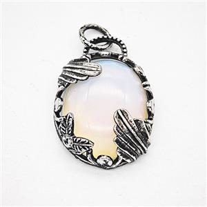 White Opalite Alloy Oval Pendant Antique Silver, approx 20-25mm [GM25612]