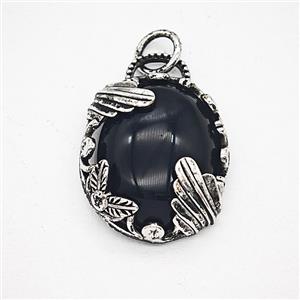 Black Obsidian Alloy Oval Pendant Antique Silver, approx 20-25mm [GM25613]