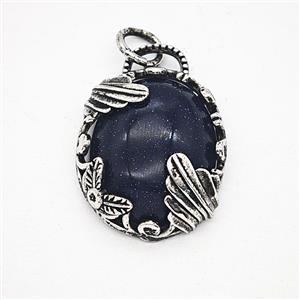 Blue Sandstone Alloy Oval Pendant Antique Silver, approx 20-25mm [GM25616]