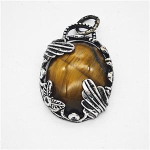 Tiger Eye Stone Alloy Oval Pendant Antique Silver, approx 20-25mm [GM25617]