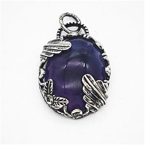 Purple Amethyst Alloy Oval Pendant Antique Silver, approx 20-25mm [GM25620]
