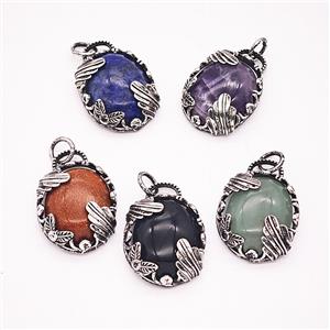 Natural Gemstone Alloy Oval Pendant Antique Silver Mixed, approx 20-25mm [GM25621]
