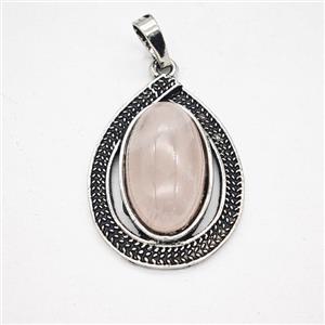 Pink Rose Quartz Alloy Teardrop Pendant Antique Silver, approx 20-27mm [GM25623]