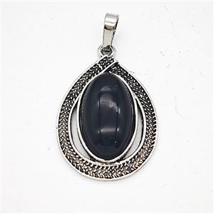 Black Obsidian Alloy Teardrop Pendant Antique Silver, approx 20-27mm [GM25625]