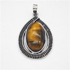 Tiger Eye Stone Alloy Teardrop Pendant Antique Silver, approx 20-27mm [GM25629]
