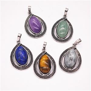 Natural Gemstone Alloy Teardrop Pendant Antique Silver Mixed, approx 20-27mm [GM25633]