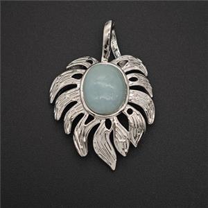 Alloy Leaf Pendant Pave Green Dye Jade Antique Silver, approx 20-30mm [GM25656]