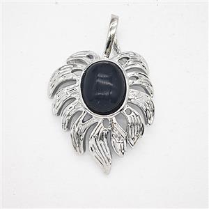 Alloy Leaf Pendant Pave Black Obsidian Antique Silver, approx 20-30mm [GM25657]
