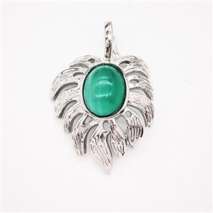 Alloy Leaf Pendant Pave Green Cateye Antique Silver, approx 20-30mm [GM25659]