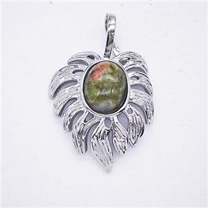 Alloy Leaf Pendant Pave Unakite Antique Silver, approx 20-30mm [GM25660]
