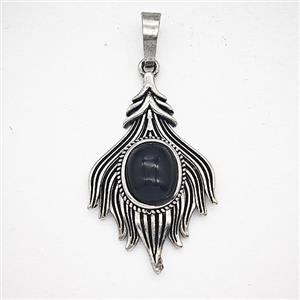 Alloy Fire Flame Pendant Pave Black Obsidian Antique Silver, approx 20-33mm [GM25667]