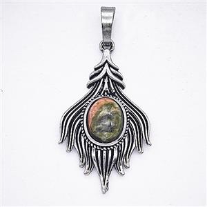Alloy Fire Flame Pendant Pave Unakite Antique Silver, approx 20-33mm [GM25671]