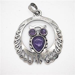 Alloy Owl Pendant Pave Purple Amethyst Antique Silver, approx 33mm [GM25683]