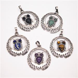 Alloy Owl Pendant Pave Gemstone Antique Silver Mixed, approx 33mm [GM25684]