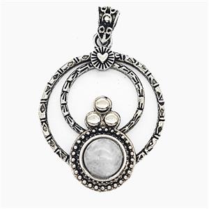 Alloy Circle Pendant Pave Clear Quartz Antique Silver, approx 35mm [GM25685]