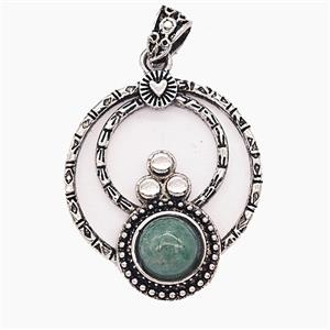 Alloy Circle Pendant Pave Green Aventurine Antique Silver, approx 35mm [GM25689]