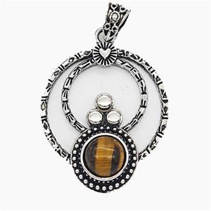 Alloy Circle Pendant Pave Tiger Eye Antique Silver, approx 35mm [GM25691]