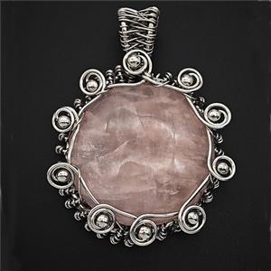 Pink Rose Quartz Circle Pendant Wire Wrapped, approx 35mm [GM25707]
