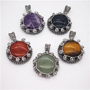 Natural Gemstone Circle Pendant Wire Wrapped Mixed, approx 35mm [GM25716]