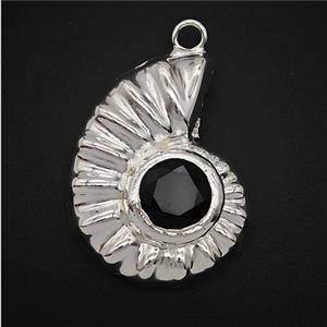 Copper Spiral Shell Pendant Pave Obsidian Hollow Shiny Silver, approx 26-33mm [GM25990]