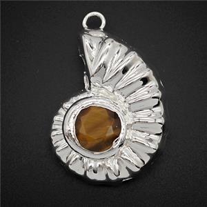 Copper Spiral Shell Pendant Pave Tigereye Hollow Shiny Silver, approx 26-33mm [GM25992]