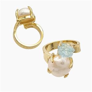 Copper Rings With Pearl Aquamarine Gold Plated, approx 8mm, 12mm, 18mm dia [GM26010]