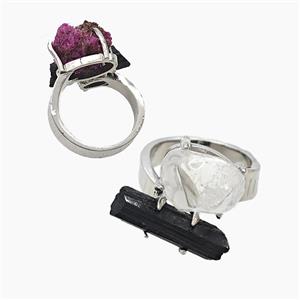 Copper Rings With Black Tourmaline Crystal Quartz Platinum Plated, approx 8-15mm, 18mm dia [GM26018]