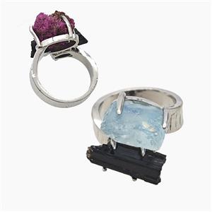 Copper Rings With Black Tourmaline Aquamarine Nugget Platinum Plated, approx 8-15mm, 18mm dia [GM26021]