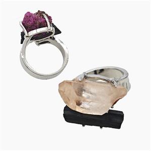 Copper Rings With Black Tourmaline Pink Crystal Quartz Platinum Plated, approx 8-15mm, 18mm dia [GM26022]