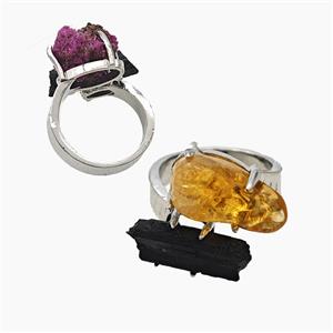 Copper Rings With Black Tourmaline Citrine Platinum Plated, approx 8-15mm, 18mm dia [GM26023]