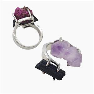 Copper Rings With Black Tourmaline Amethyst Platinum Plated, approx 8-15mm, 18mm dia [GM26024]