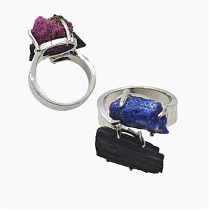Copper Rings With Black Tourmaline Lapis Lazuli Nugget Platinum Plated, approx 8-15mm, 18mm dia [GM26025]