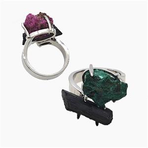 Copper Rings With Black Tourmaline Malachite Platinum Plated, approx 8-15mm, 18mm dia [GM26026]