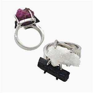 Copper Rings With Black Tourmaline Druzy Platinum Plated, approx 8-15mm, 18mm dia [GM26027]
