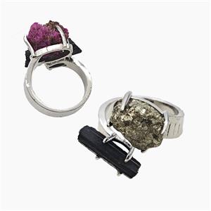 Copper Rings With Black Tourmaline Pyrite Platinum Plated, approx 8-15mm, 18mm dia [GM26028]