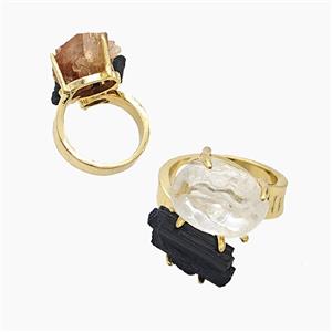 Copper Rings With Black Tourmaline Crystal Quartz Gold Plated, approx 8-15mm, 18mm dia [GM26031]