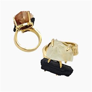 Copper Rings With Black Tourmaline Lemon Quartz Gold Plated, approx 8-15mm, 18mm dia [GM26032]