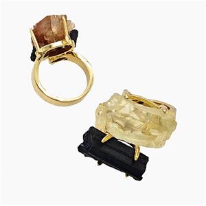 Copper Rings With Black Tourmaline Lemon Quartz Gold Plated, approx 8-15mm, 18mm dia [GM26033]