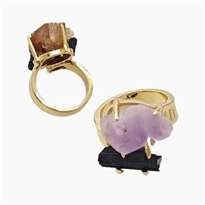Copper Rings With Black Tourmaline Amethyst Gold Plated, approx 8-15mm, 18mm dia [GM26035]