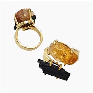 Copper Rings With Black Tourmaline Citrine Gold Plated, approx 8-15mm, 18mm dia [GM26036]