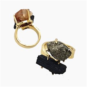 Copper Rings With Black Tourmaline Pyrite Gold Plated, approx 8-15mm, 18mm dia [GM26037]
