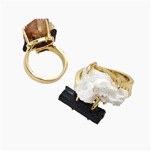 Copper Rings With Black Tourmaline Druzy Gold Plated, approx 8-15mm, 18mm dia [GM26040]