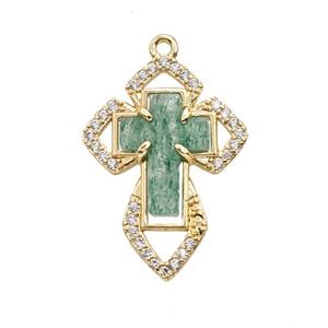 Copper Cross Pendant Pave Zirconia Strawberry Quartz Gold Plated, approx 18-25mm [GM26060]