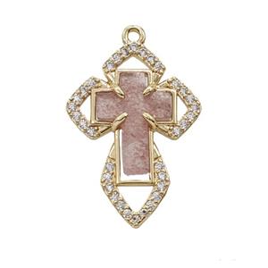 Copper Cross Pendant Pave Zirconia Strawberry Quartz Gold Plated, approx 18-25mm [GM26061]
