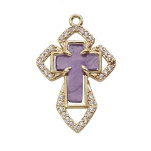 Copper Cross Pendant Pave Zirconia Amethyst Gold Plated, approx 18-25mm [GM26062]
