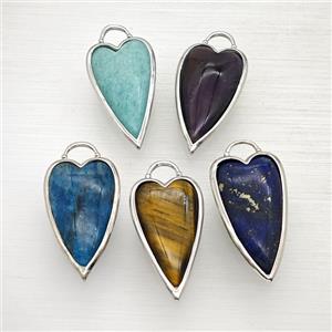 Natural Gemstone Heart Pendant Platinum Plated Mixed, approx 18-35mm [GM26074]